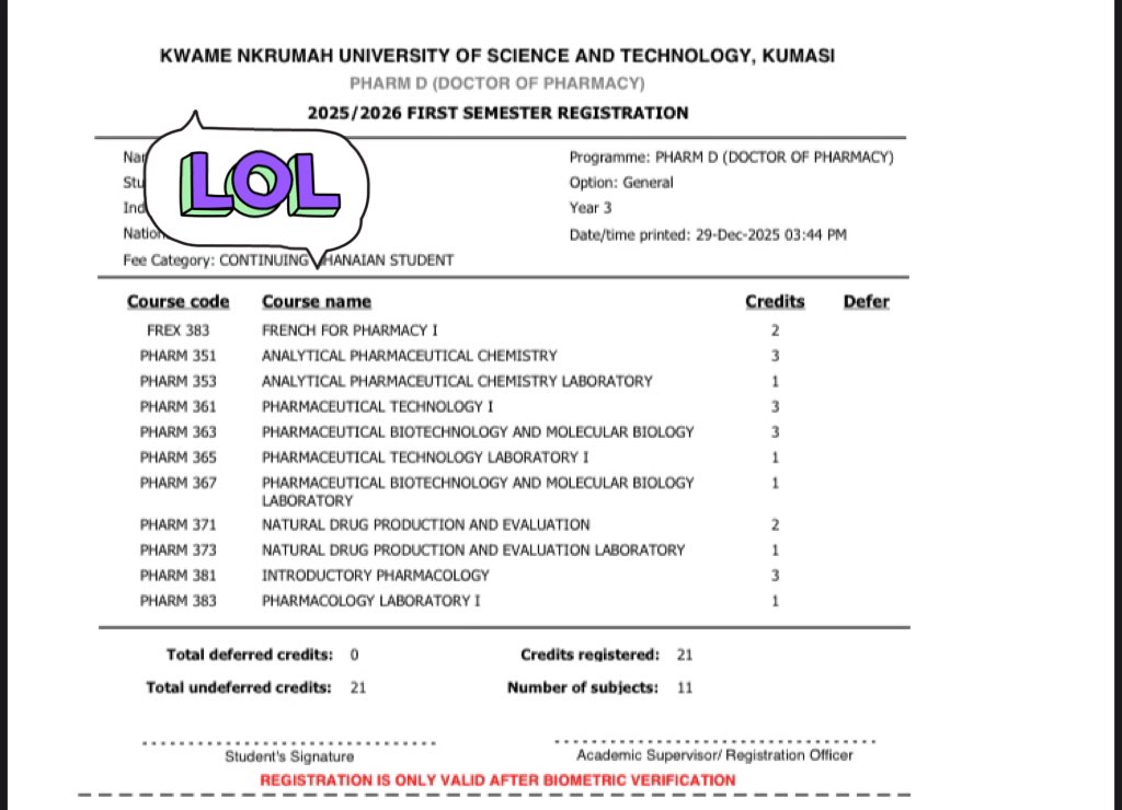 Man for lock in next semester o ei 
11 courses 21 credit hours hm