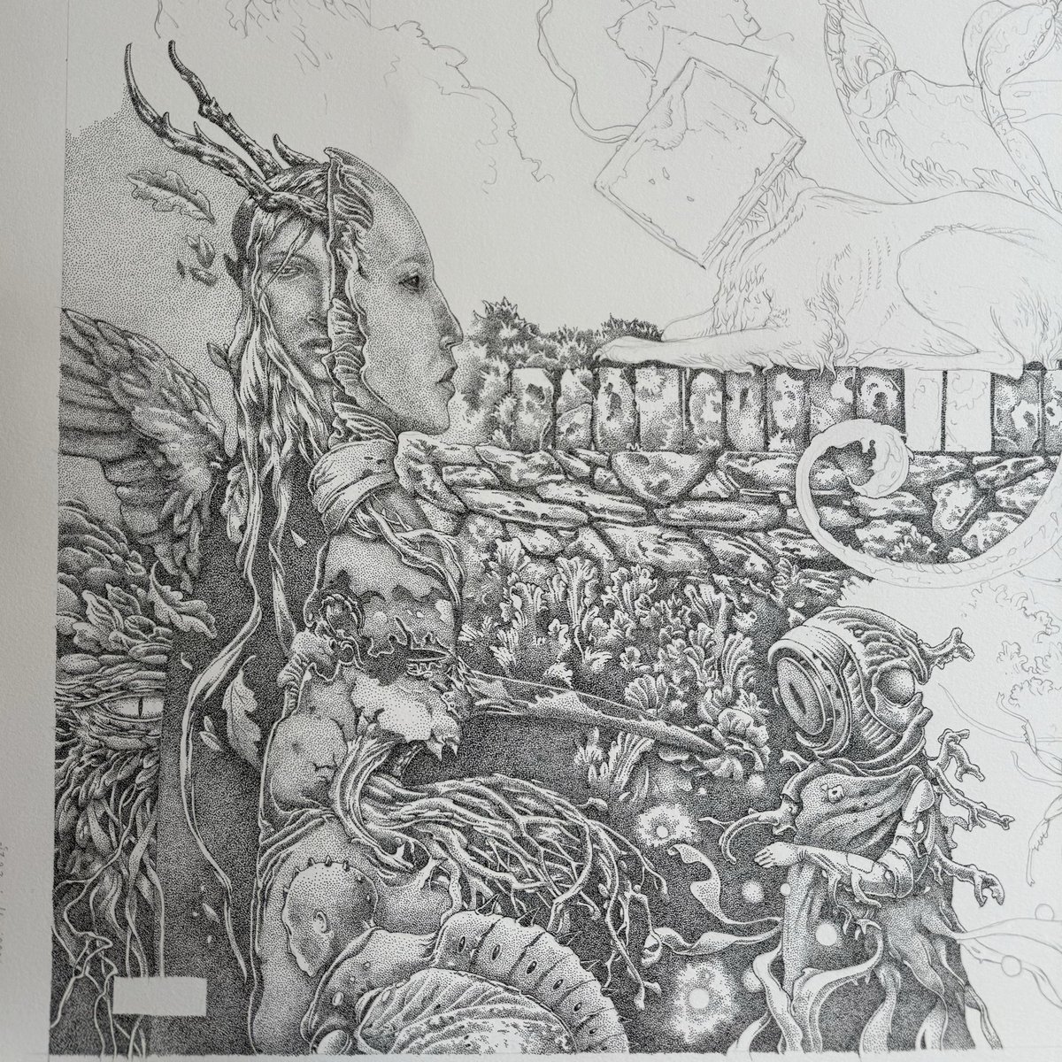 Lost_Machine's tweet image. A portion of a work in progress. About 1/4 of the full drawing depicted. This is a dense piece with an interconnected surface, I think of it as a kind of skin made of dots where forms shift and meld. The Drawing is called “Book of Flies.”