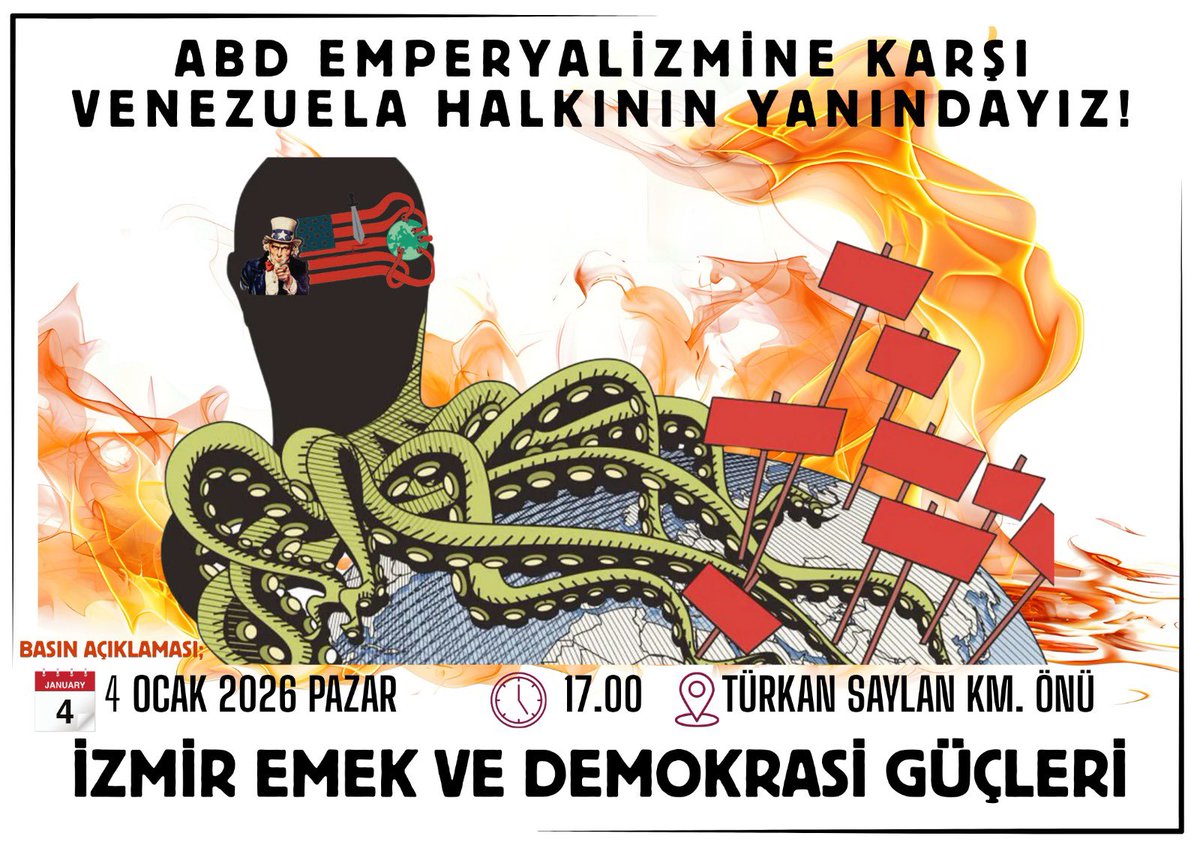 Emperyalist saldırganlığa karşı direnen #Venezuela halkı kazanacak.

İzmir Emek ve Demokrasi Güçleri olarak emperyalist işgallere karşı sokaklardayız. Venezuela toprakları Venezuela halklarınındır. ABD Venezuela’dan defol!

📍Türkan Saylan K.M. Önü
🗓️ 4 Ocak Pazar
🕔 17.00