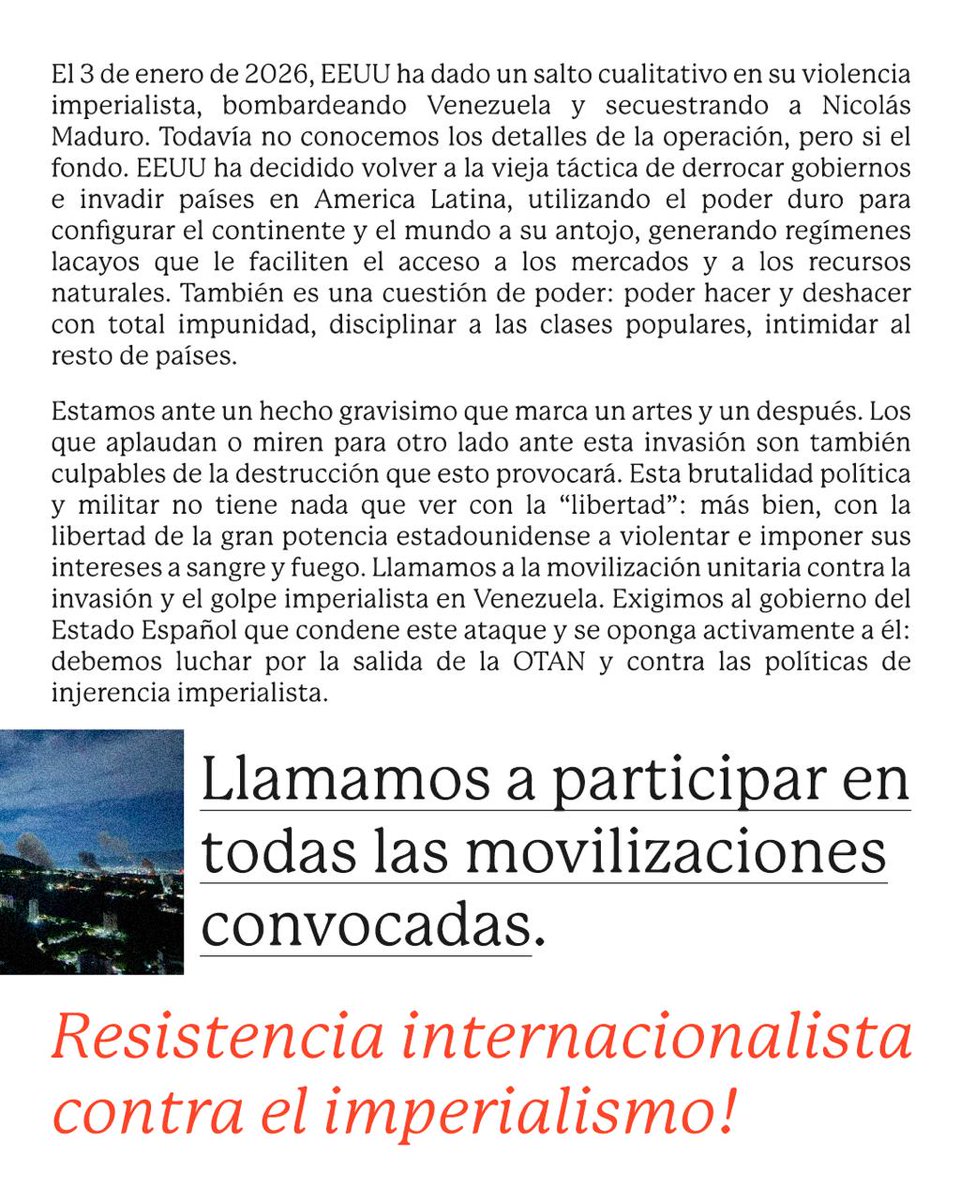 🪖 Asistimos a una escalada histórica del imperialismo norteamericano bombardeando Venezuela y secuestrando a Maduro con el fin de imponer su control sobre el país.

📝 Nuestro comunicado completo sobre la situación: anticapitalistas.org/comunicados/fu…