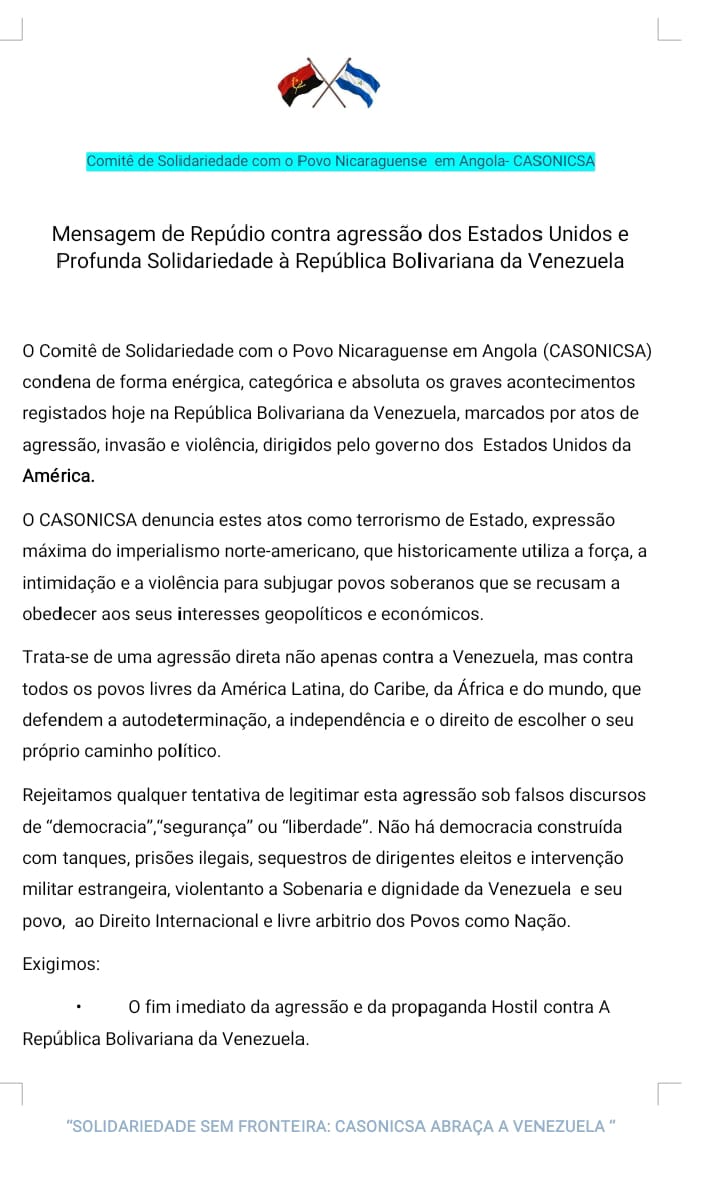 la_moralimpia's tweet photo. #VenezuelaSeRespeta
Comunicado de repudio del Comité Angolano de Solidaridad con la Nicaragua Sandinista ante la agresión criminal y terrorista del gobierno genocida de Estados Unidos. 
🇦🇴🇳🇮❤️🖤 @ale_rusconi @JoseRosales222 @EmbaVEAngola https://t.co/8vC77EYO7W
