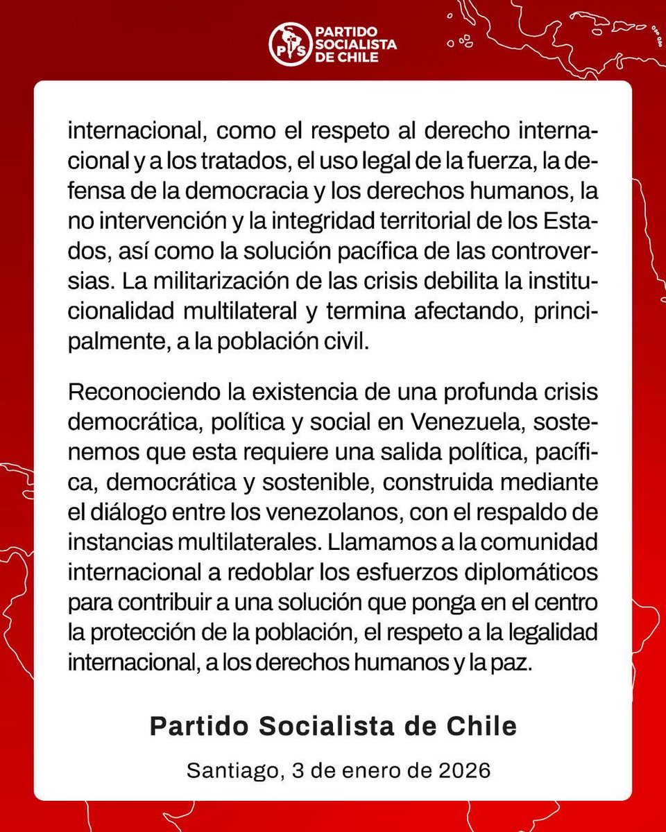 PSChile's tweet photo. El Partido Socialista de Chile reafirma su compromiso irrestricto con la democracia, los derechos humanos y el respeto al derecho internacional.

Frente a los graves acontecimientos en Venezuela, hacemos pública esta declaración en coherencia con nuestros principios históricos https://t.co/MUnBZ3DDSh