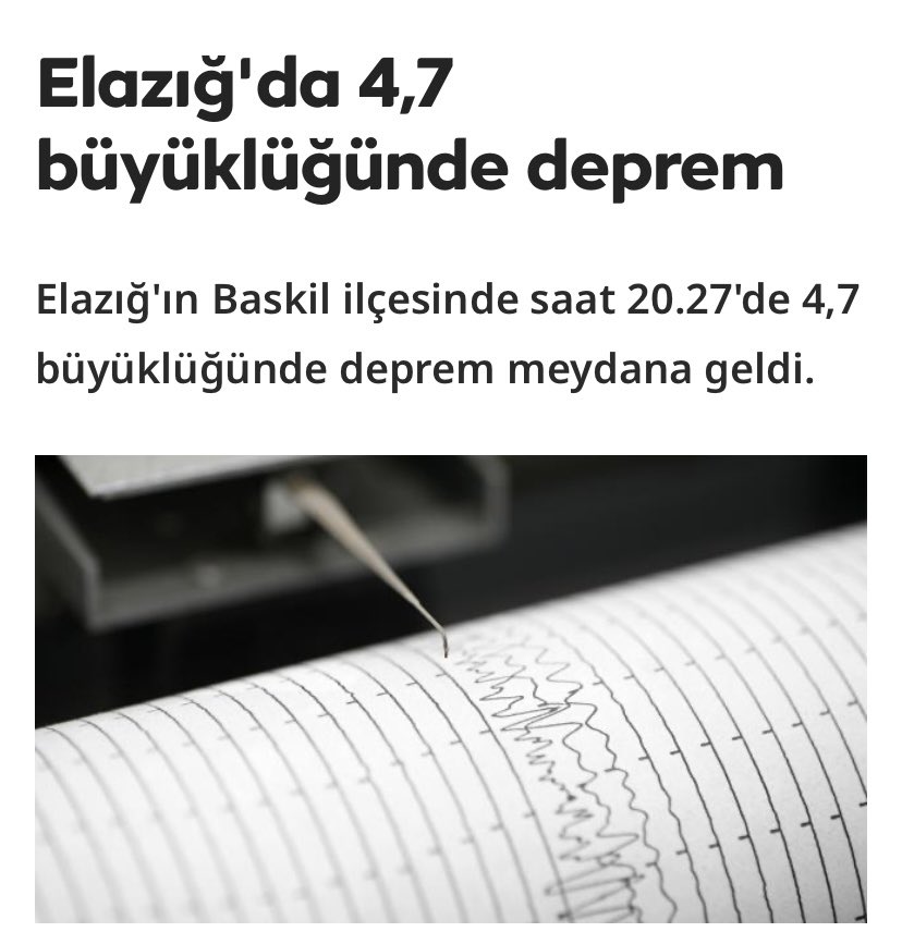 #DEPREM 
Çok geçmiş olsun Allah beterinden saklasın #Elazığ ve çevre iller ve diğer bölgelerde olan iller.. 

Son dakika #Elazığ depremi AFAD ve Kandilli verilerine yansıdı. AFAD'dan alınan bilgiye göre #Elazığ'ın Baskil ilçesinde 4.7 büyüklüğünde deprem meydana geldi.