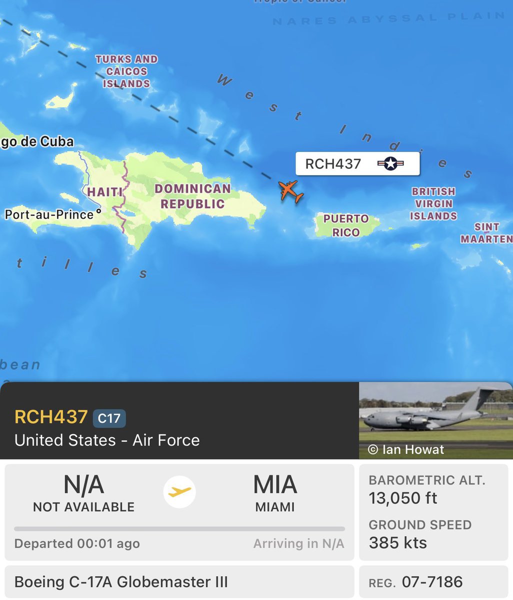 airplusnews's tweet photo. 🔴 [ Conflit USA - Venezuela ]

Un C-17 Globemaster de l'US Air Force servant de transport d'évacuation médicale pour le personnel blessé lors de l'opération militaire de la nuit dernière au Venezuela, vient de quitter Porto Rico en pour le Brooke Army Medical Center à San Antonio, au Texas.