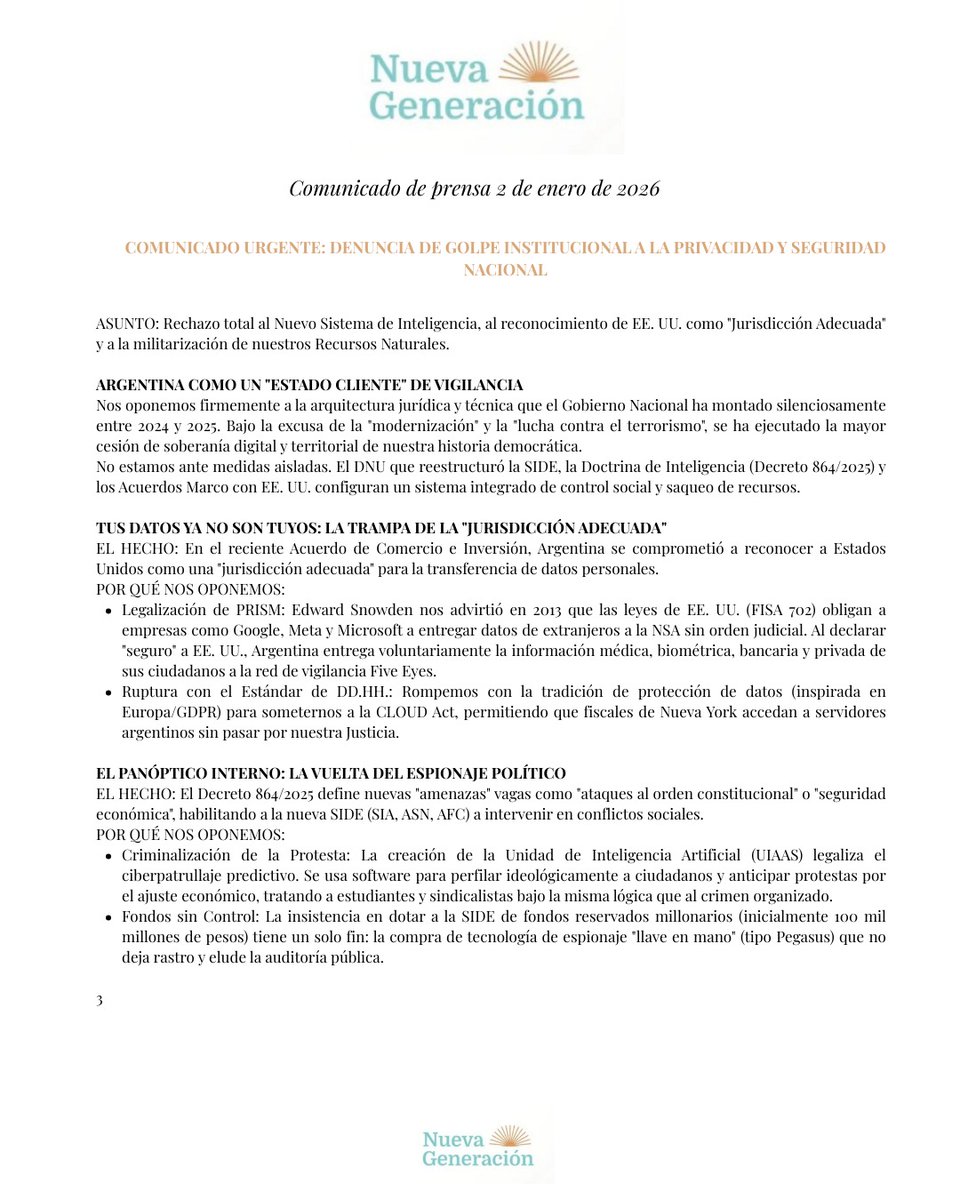frentengarg's tweet photo. Comunicado de Prensa sobre el DNU de modificación Ley de Inteligencia. https://t.co/UEuLrSSMjr