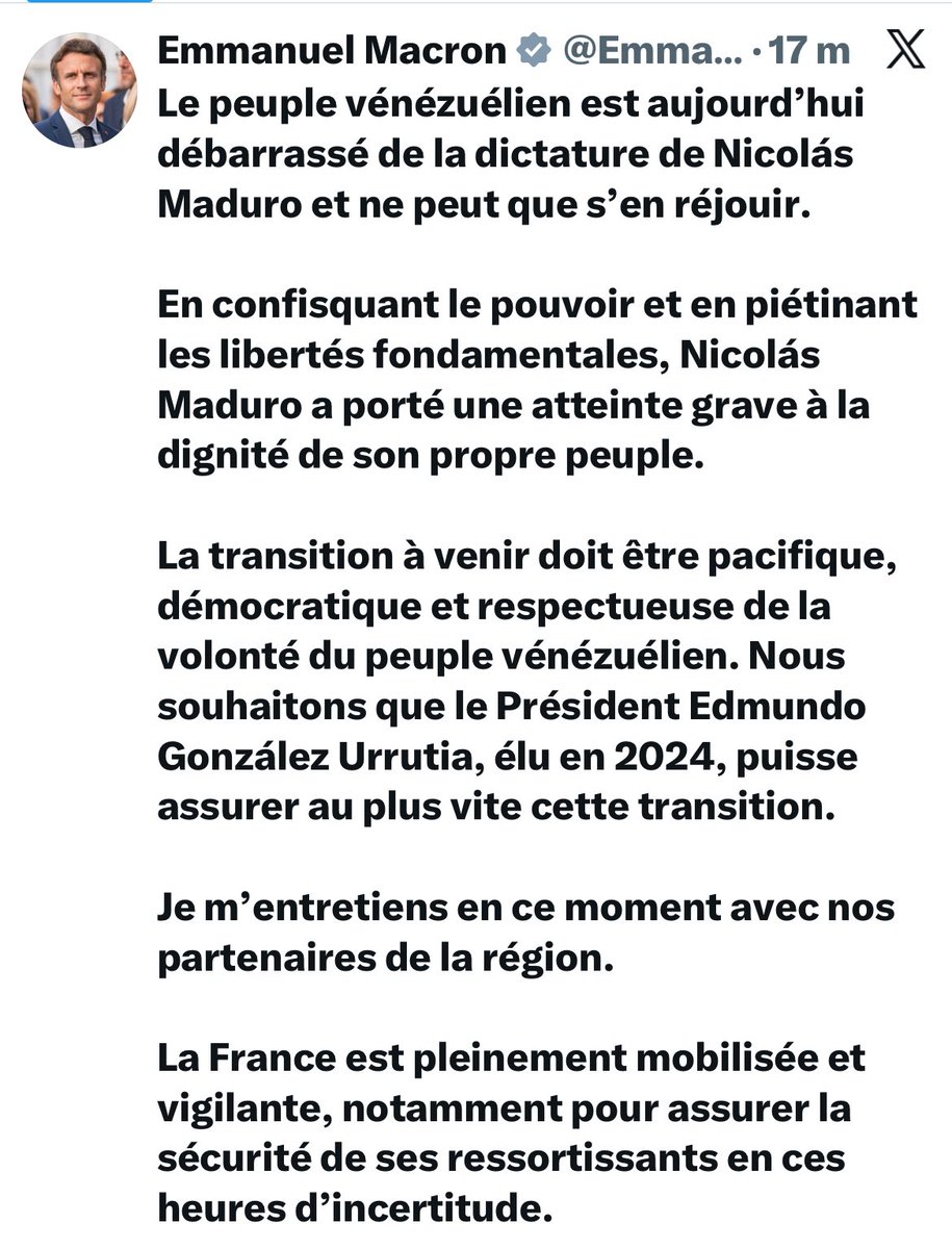 Même quand on attend plus rien de <a href="/EmmanuelMacron/">Emmanuel Macron</a> on arrive encore à être déçu 🤷🏻‍♂️

Personne n’aime Maduro. Tout le monde souhaite évidemment un retour de la démocratie au Venezuela. 

Mais sous sa responsabilité, la France est désormais un pays qui n’a rien à redire à l’attaque
