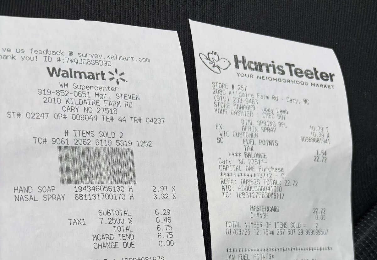 RonElmerCPA's tweet photo. Where you shop matters A LOT.
Harris Teeter is next door to Walmart. 
2 items at Walmart $6.75
Same 2 items at Harris Teeter $22.72
(HT did not offer generics) https://t.co/10xA08ON4y