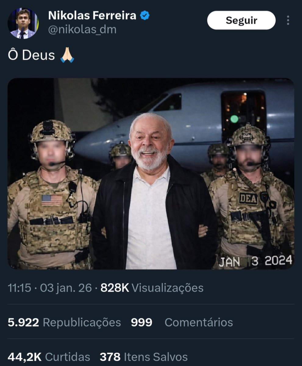 vinicios_betiol's tweet image. O Nikolas Ferreira acabou de fazer uma publicação sugerindo que os EUA invadam o Brasil, assim como fez na Venezuela, pra CAPTURAR O PRESIDENTE LULA. Se o governo não acionar a Polícia Federal, será carta branca pra que a direita volte a propagar ideias de golpe de Estado. Vamos…