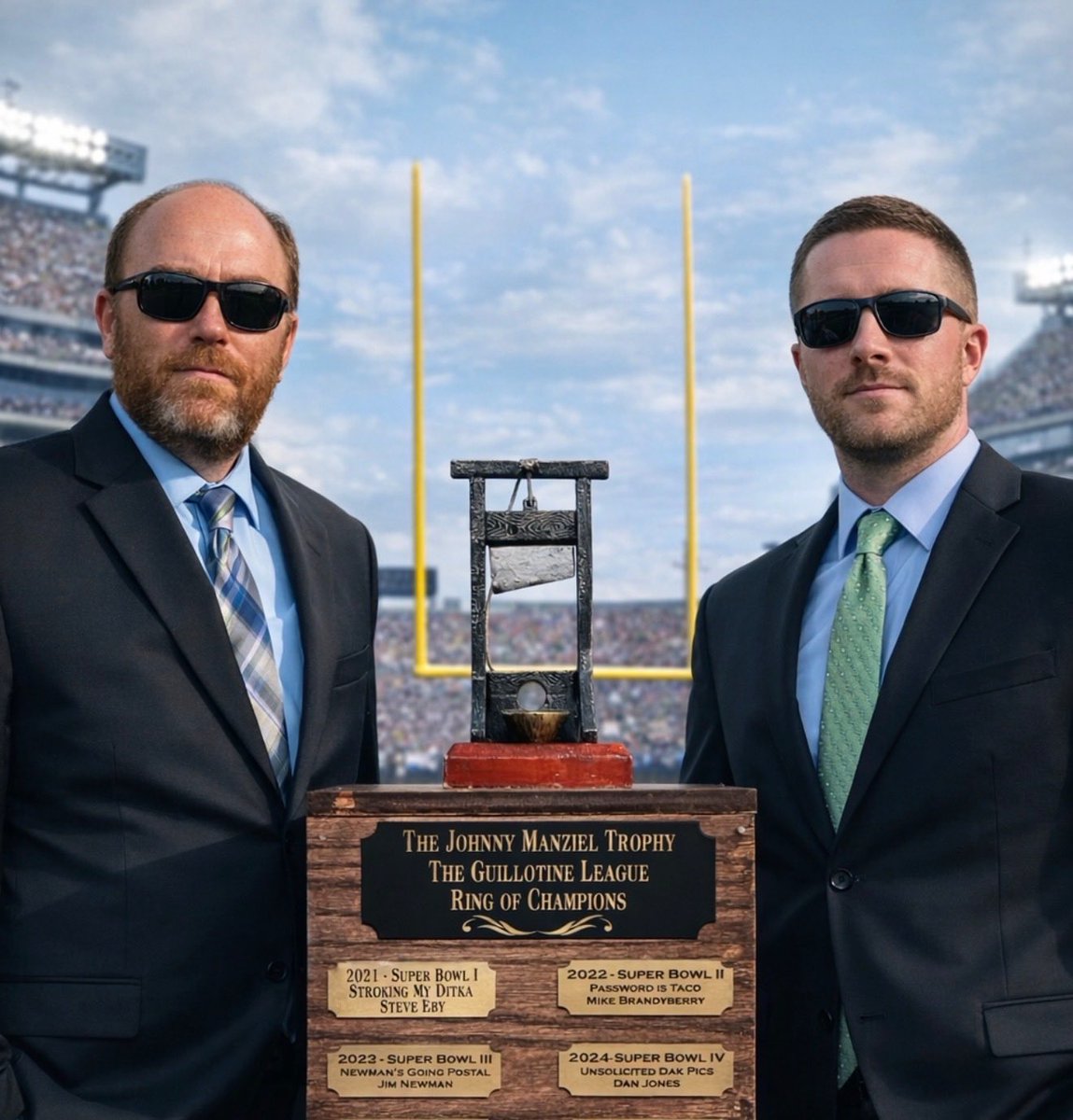 mbrand32's tweet photo. @MatthewBerryTMR @croucherJD @LordDontLose @GeorgeSavaricas @rotoworld_fb AI helped bring Password is Taco (on the left) and Jeff’s Official Team (worst name in the league, on the right) together for the Week 18 final of the Johnny Manziel Guillotine League. Winner gets the trophy for a year and their name on it forever. Tacos vying for second title. https://t.co/wqcy2xgb8J