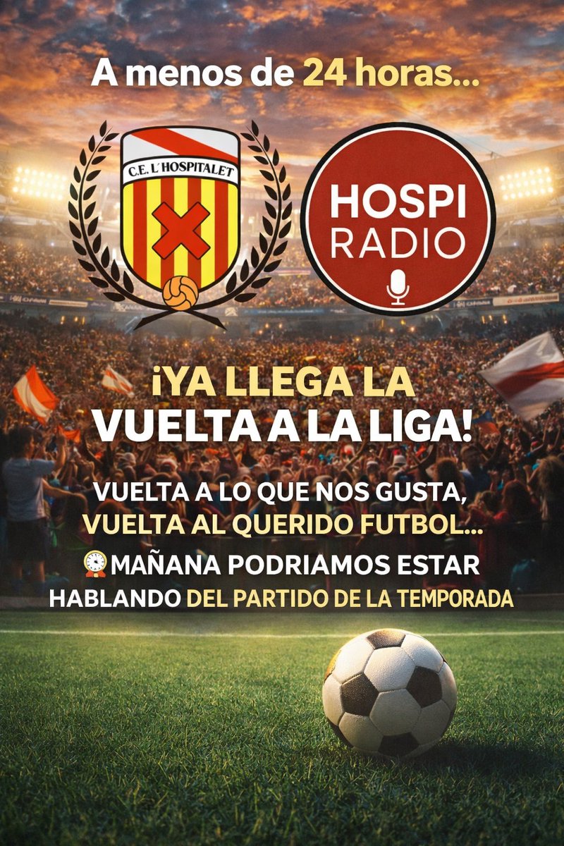HospiRadio's tweet photo. ⏳ A menos de 24 horas…
Vuelve la Liga.
Vuelve lo que nos gusta.
Vuelve el fútbol. ⚽🔥
Mañana puede ser el partido de la temporada.
📻 Hospi Radio, como siempre, para contarlo.
#ahoraEsElMomento #ForçaHospi #HospiRadio ❤️🤍 https://t.co/obYz544dYV