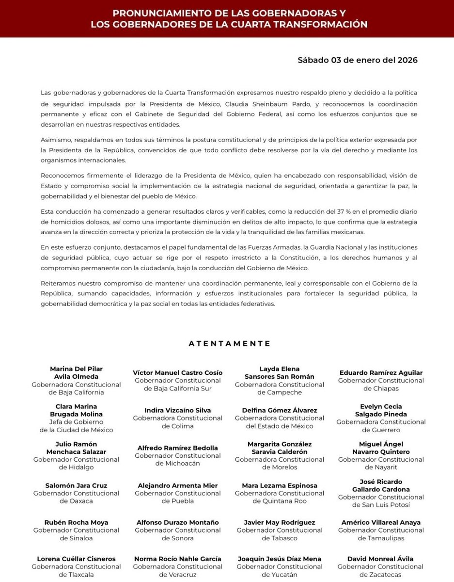 catrina_nortena's tweet image. 🚨 APOYO TOTAL A NUESTRA COMANDANTA SUPREMA @Claudiashein

Las y los Gobernadores, Senadores y Diputados de la 4T muestran su respaldo a las políticas de Seguridad y Exterior encabezadas por nuestra PresisentA Claudia Sheinbaum Pardo...