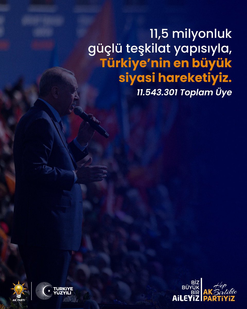 Genel Başkanımız ve Cumhurbaşkanımız Sayın Recep Tayyip Erdoğan’ın liderliğinde, Türkiye’nin en büyük ortak iradesi olarak; milletimizden aldığımız güçle ülkemizin müreffeh yarınları için çalışmaya devam edeceğiz.

Biz büyük bir aileyiz; hep birlikte AK Parti'yiz.