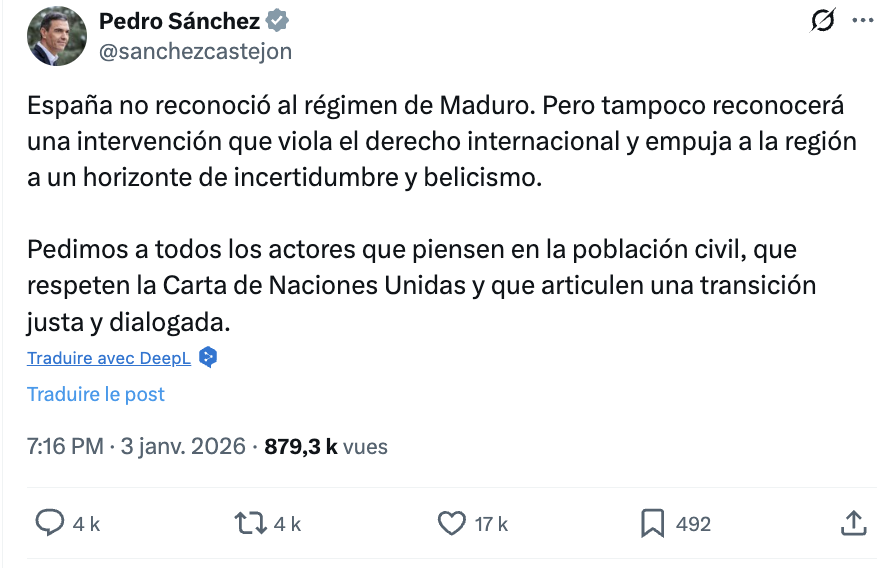 D'un côté, pas un mot, pas un demi-mot, pour condamner la violation du droit international par les Etats-Unis et D. Trump.

De l'autre, le minimum exigible d'un chef d'Etat européen digne de ce nom. 

E. Macron, ce soir, est plus bas que tout. #PasEnMonNom #Venezuela
