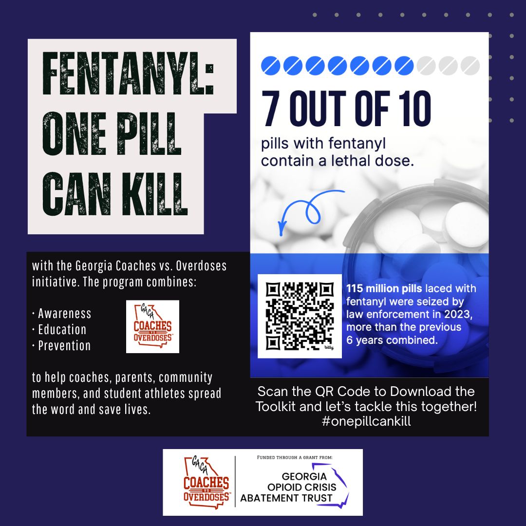 GACACoaches's tweet image. 🚨 The Georgia Coaches 🆚 Overdoses initiative is raising awareness, providing education, and ensuring prevention against the #fentanylcrisis for coaches, parents, community members, &amp;amp; student-athletes.
Download the Toolkit today:  bit.ly/4lnjVWm #OnePillCanKill