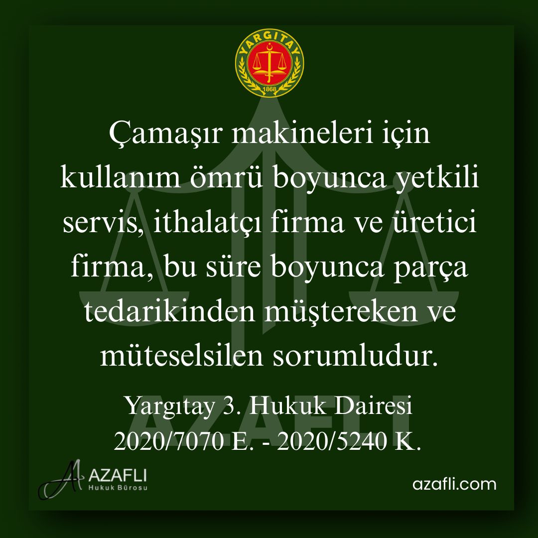 Çamaşır makineleri için kullanım ömrü boyunca yetkili servis, ithalatçı firma ve üretici firma, bu süre boyunca parça tedarikinden müştereken ve müteselsilen sorumludur.

Yargıtay 3. Hukuk Dairesi
2020/7070 E. - 2020/5240 K.
#hukuk #yargıtay #yargıtaykararları #emsal #güncel