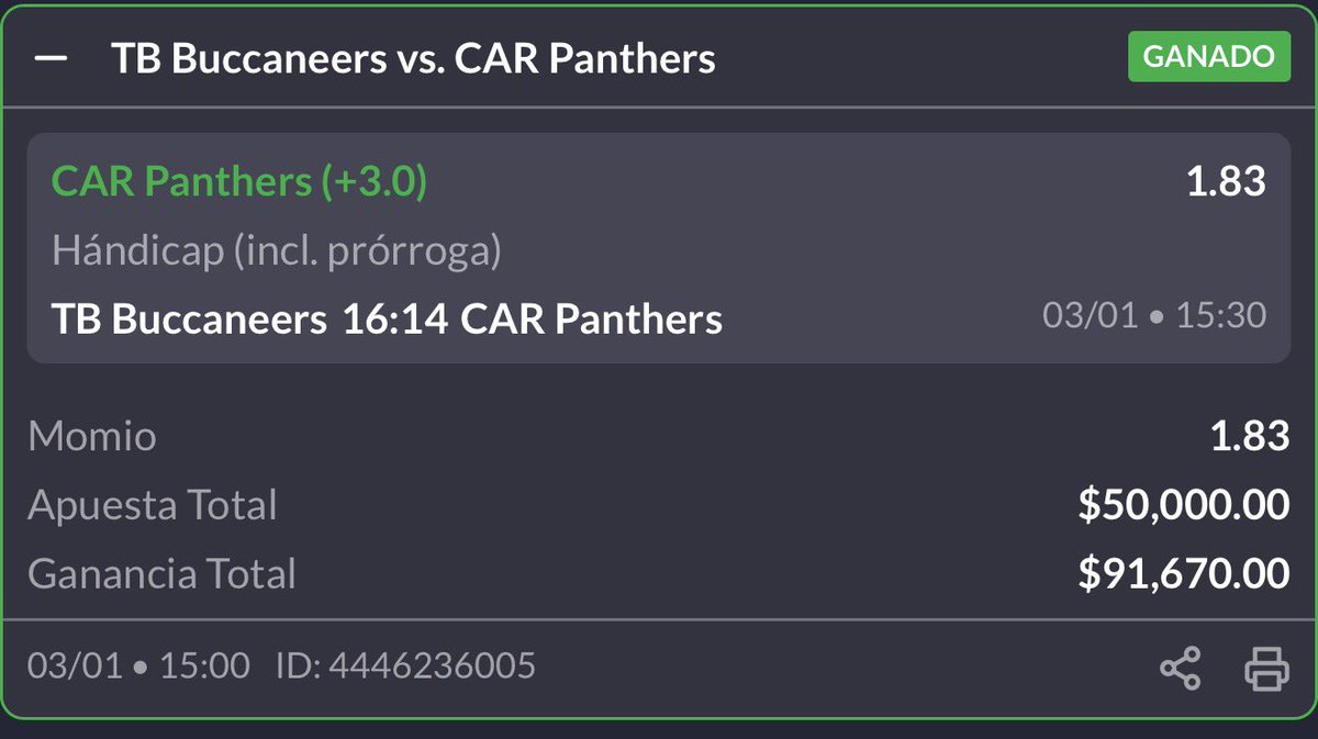 BOOOOOOOOOOMMM!!! 

STAKE 50 WIN 🤑✅

Compartido en mi premium enero , Instagram , y la Cohetiza canal free 💎🤑

Felicidades a todos los que me siguieron , 100 likes y les comparto el siguiente , es de NFL 🔥inicia en 30 minutos 

Panthers +3 ✅✅✅✅✅