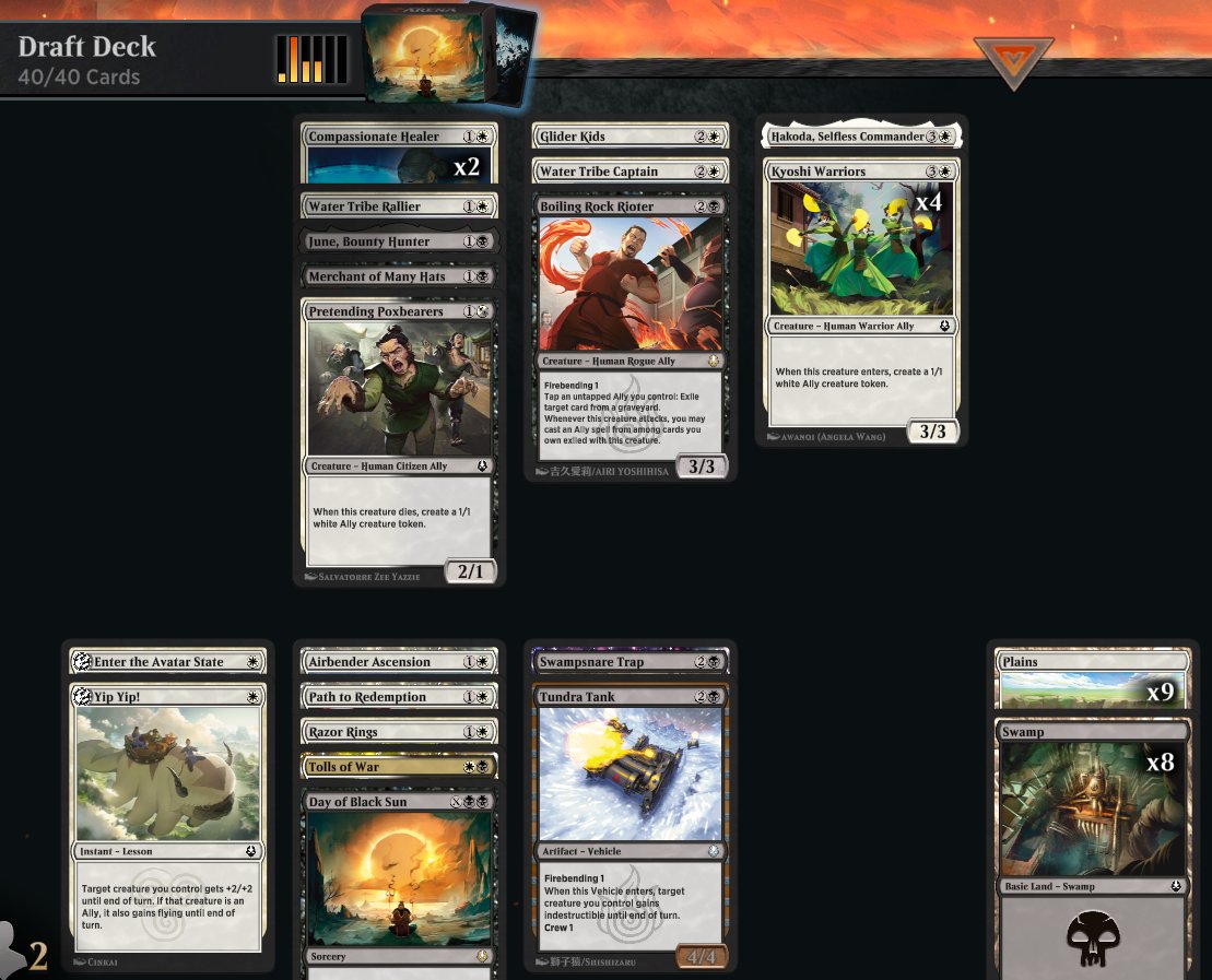 7-0 🏆🏆🏆
4x Kyoshi Warriors with Airbender's Ascension...
Which provides fuel for Water Tribe Rallier...
Who clears the top card of your library so you keep going off with Hokoda
