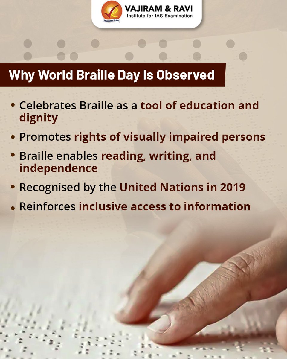 #StudywithVajiram : World Braille Day is a reminder that Braille is not just a script, but a powerful tool of education, dignity and independence for visually impaired persons. 

#WorldBrailleDay #Braille #LouisBraille #DisabilityRights #InclusiveEducation #Accessibility