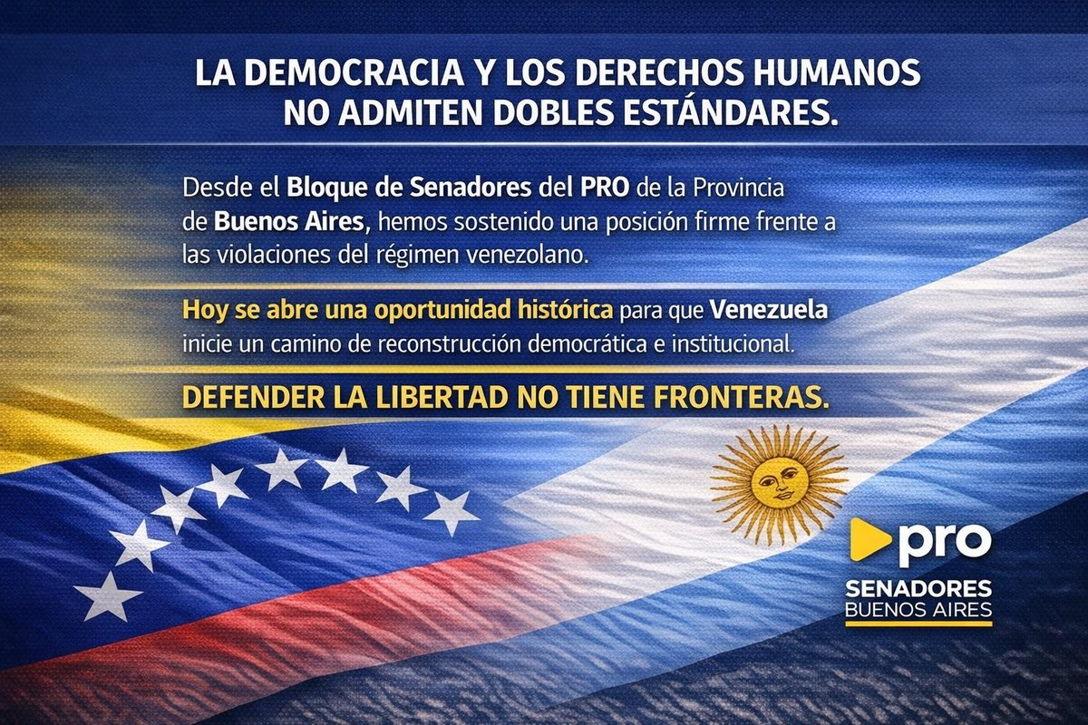 Hoy se abre una oportunidad histórica para que Venezuela inicie un camino de reconstrucción democrática e institucional, basado en el respeto a la voluntad popular, el Estado de Derecho y las libertades fundamentales.
Desde el Bloque de Senadores del PRO reafirmamos una