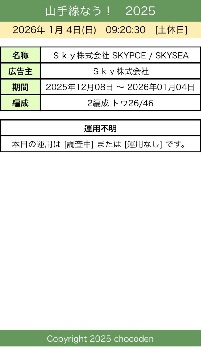 1/4(日) 本日の山手線ラッピング編成の運行(その1)です。 Skyは昨日で