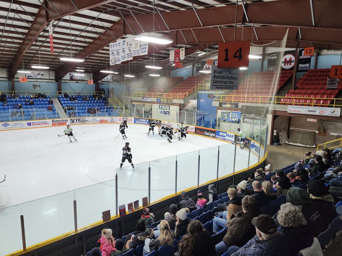ChickenPoutine's tweet image. Good evening from Miramichi New Brunswick where the Timberwolves are taking on the Grand Falls Rapids in MHL action. I'm really psyched i drove the 135km road across the middle of NB for this!