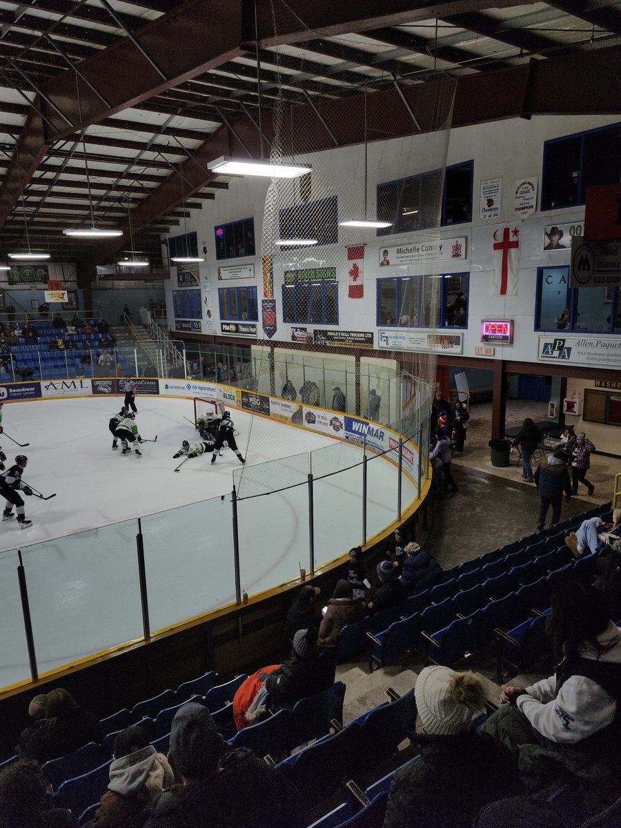 ChickenPoutine's tweet image. Good evening from Miramichi New Brunswick where the Timberwolves are taking on the Grand Falls Rapids in MHL action. I'm really psyched i drove the 135km road across the middle of NB for this!