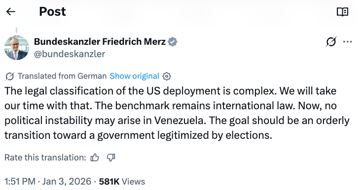 tparsi's tweet image. Europe made "upholding the rules-based order" its central argument in urging global rejection of Russia's illegal invasion of Ukraine. 

Now the German Chancellor calls the legality of the US action against Venezuela "complex." (!!)

Instead of rebuilding its standing after…