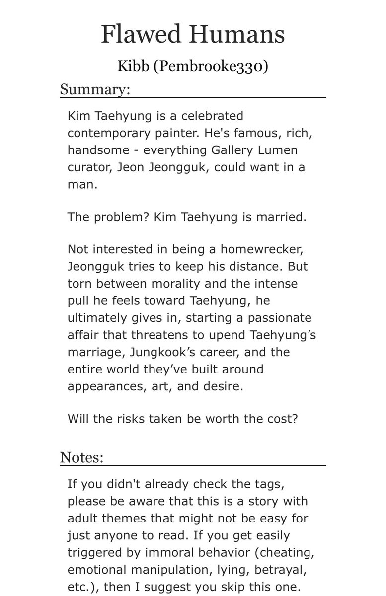 Happy New Year, TK Readers! Chapter 5 of “Flawed Humans” is up 😘 

archiveofourown.org/works/74479501… #taekook #taekookau