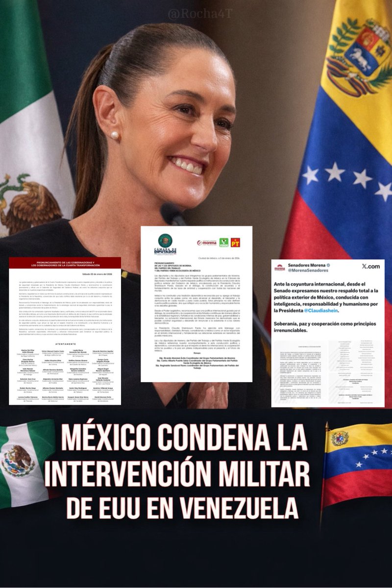 Rocha4T's tweet image. 🚨DE ÚLTIMO MINUTO🚨 

✔️Respaldan totalmente a la Presidenta @Claudiashein 

✔️Gobernadoras, gobernadores, el @senadomexicano y la @Mx_Diputados cierran filas entorno al comunicado del @GobiernoMX 

✔️Se condenan las agresiones contra Venezuela, se conmina al diálogo y la…
