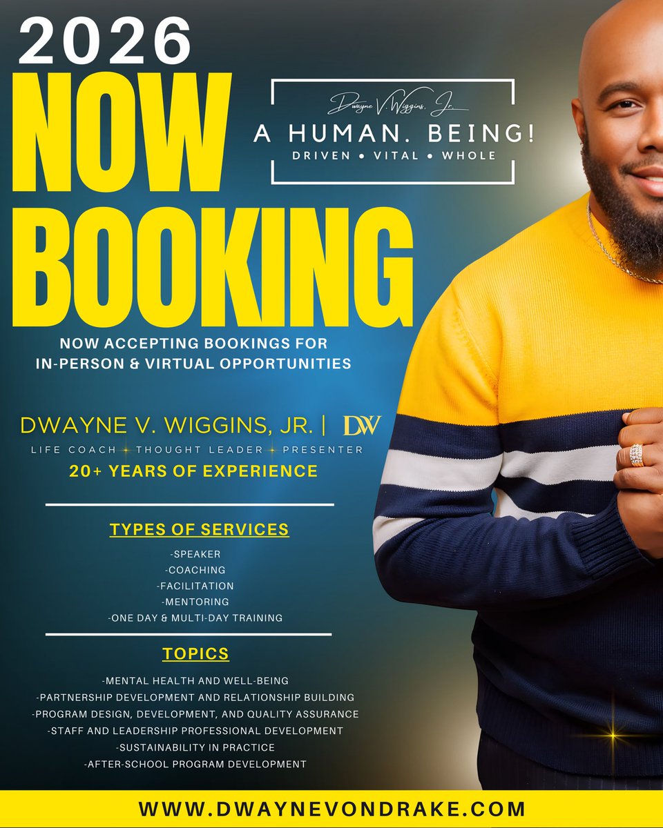 DwayneVondrake's tweet photo. Exciting news! I’m now available for 2026 bookings for workshops, training sessions, keynotes, and coaching. Ready to elevate your personal or your organization’s experience? Visit https://t.co/TGZksPA7SQ or email me at dw@dwaynevondrake.com to connect! https://t.co/i1exHTHEv4