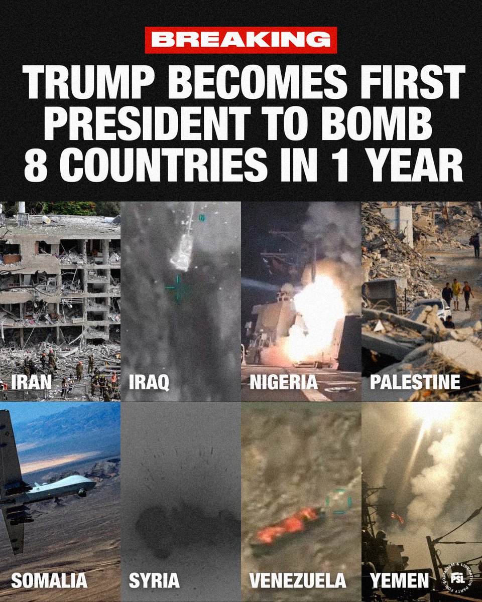 pslnational's tweet photo. Trump lied when he promised to end the wars — he might be the biggest warmonger to ever hold office! In his one year back in power, Trump has unleashed the Pentagon war machine in bombardments of Iran, Iraq, Yemen, Nigeria, Somalia, Syria and Venezuela — and provided the missiles and bombs that rained down in the U.S.-Israeli genocide in Gaza.

The people of this country reject these wars of aggression. They cause nothing but death and destruction abroad while consuming more and more of our tax dollars. We want money for people’s needs, not the war machine!