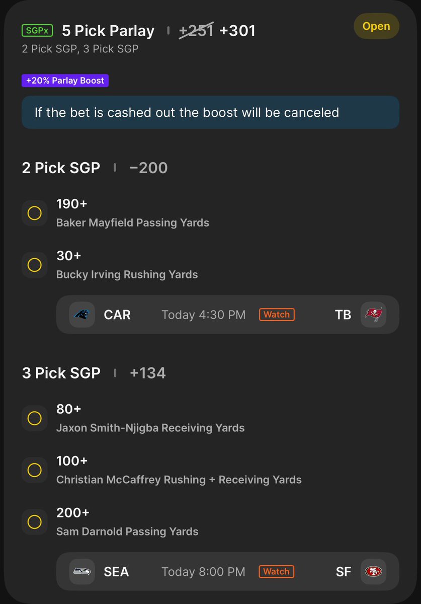 TychePicks's tweet photo. Giving one out FREE today — a 5-leg SGPx we like 👀
Baker 190+ pass
Bucky 30+ rush
JSN 80+ rec
CMC 100+ total
Darnold 200+ pass
(+301)
Who’s riding? 👇
#RideWithTyche #FreePick #NFL #Parlay #GamblingTwitter https://t.co/dwq1TTmbwo