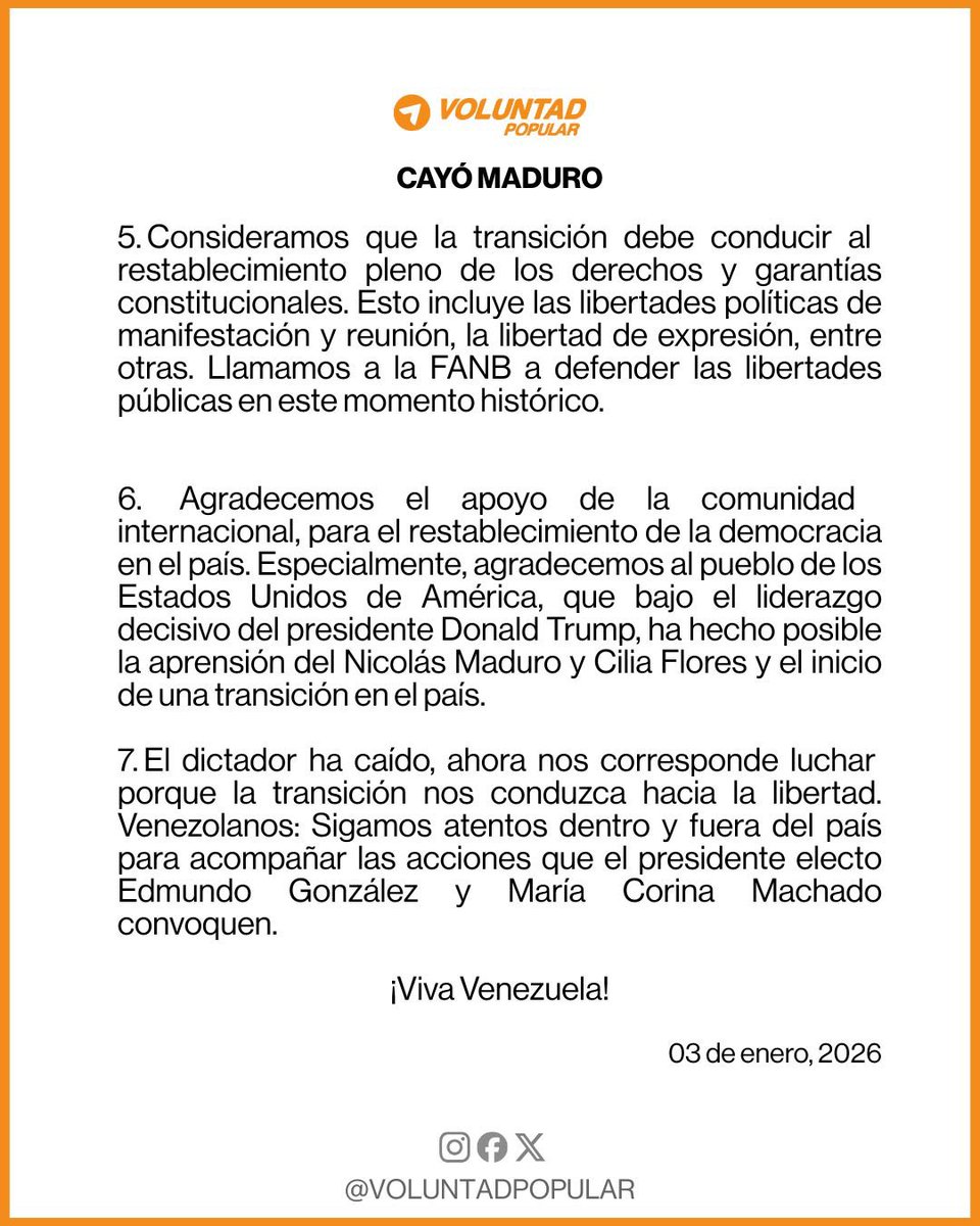 COMUNICADO

Celebramos la caída del dictador, criminal y asesino Nicolás Maduro. 

Ahora el objetivo es claro: la restitución de la libertad y de la democracia en Venezuela. 🇻🇪