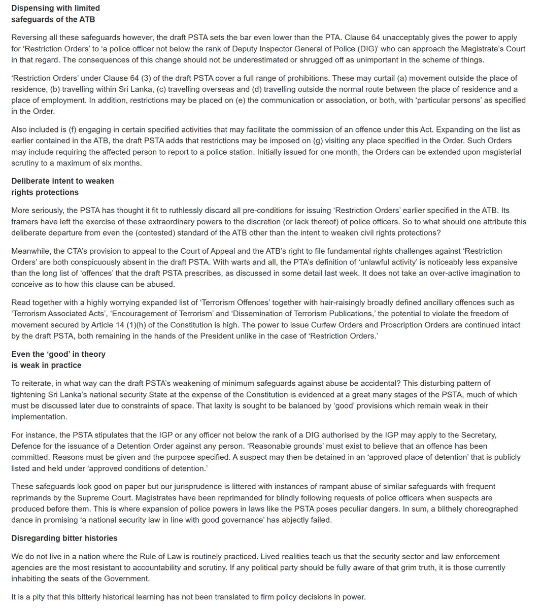 Sri Lanka's latest anti terror draft - Protection of the State against Terrorism Act - by the NPP government come under more fire by leading lawyer Kishali Pinto Jayawardene as one that 'empowers the national security state at the expense of the constitution'. Via <a href="/TimesOnlineLK/">The Sunday Times (SL)</a>