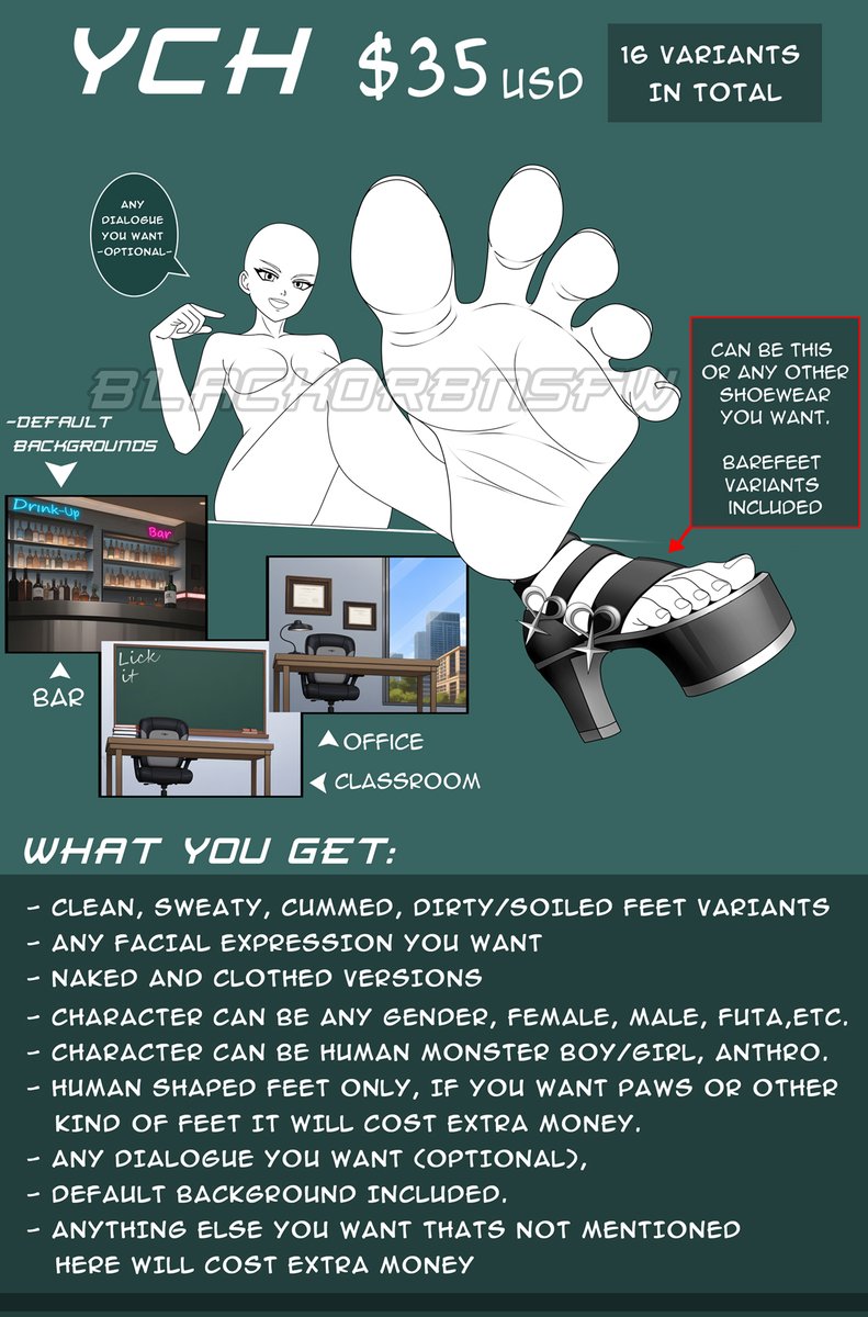 Normal version of the Christmas YCH, this one has a barefoot variants, new backgrounds and you can choose any shoewear you want.
5 Slots OPEN
Details on the image
You secure an slot only after the payment is done
Will be done in the slots order
Anyone interested send me a message