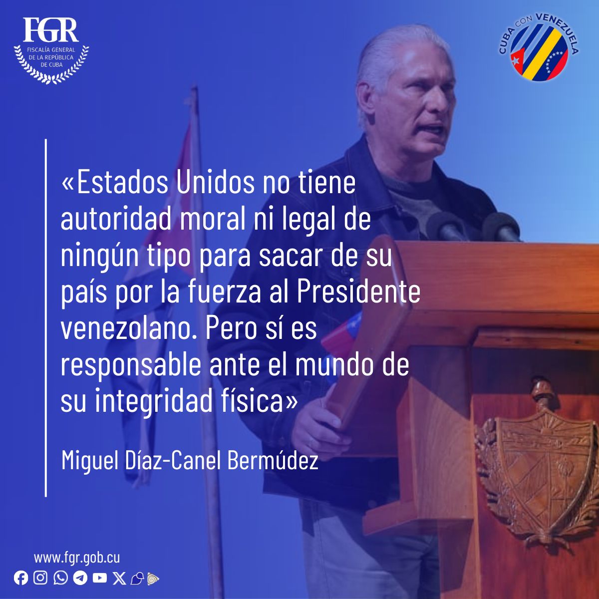 FGR_Cuba's tweet photo. 🇨🇺 | El Primer Secretario del Comité Central del Partido y Presidente de la República, Miguel Díaz-Canel Bermúdez, acompañado del pueblo habanero, asistió al acto de condena, en rechazo a la agresión militar imperialista yanqui contra #Venezuela 🇻🇪.

1/2 https://t.co/VaOXNeli6a