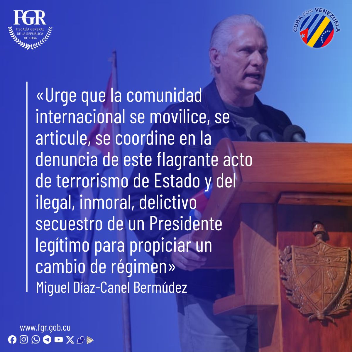 FGR_Cuba's tweet photo. 🇨🇺 | El Primer Secretario del Comité Central del Partido y Presidente de la República, Miguel Díaz-Canel Bermúdez, acompañado del pueblo habanero, asistió al acto de condena, en rechazo a la agresión militar imperialista yanqui contra #Venezuela 🇻🇪.

1/2 https://t.co/VaOXNeli6a