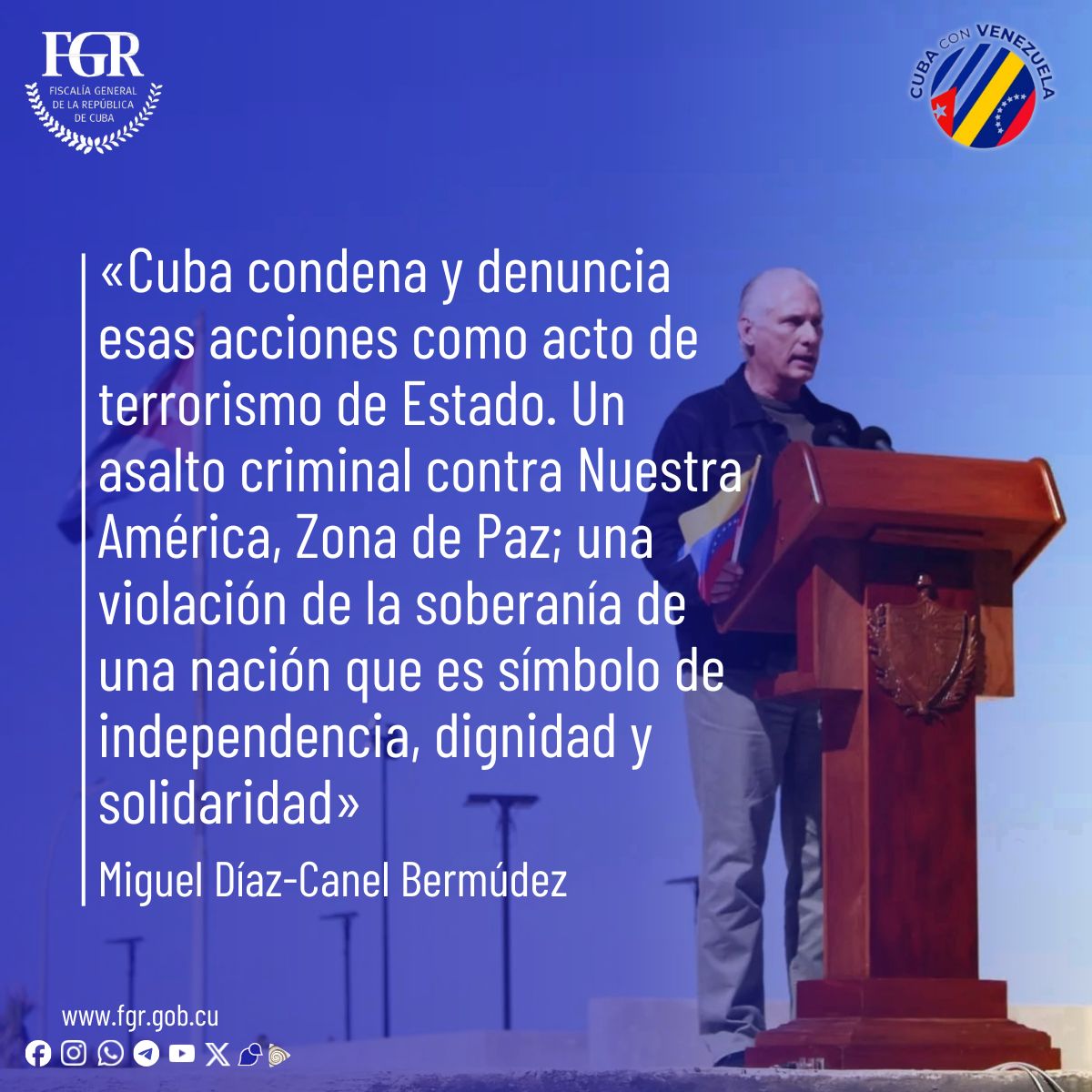 FGR_Cuba's tweet photo. 🗣️ | «Cuba condena y denuncia esas acciones como acto de terrorismo de Estado. Un asalto criminal contra Nuestra América, Zona de Paz; una violación de la soberanía de una nación que es símbolo de independencia, dignidad y solidaridad».

#CubaEstáConVenezuela
#ZonaDePaz

2/2 https://t.co/clvW0aq7wk