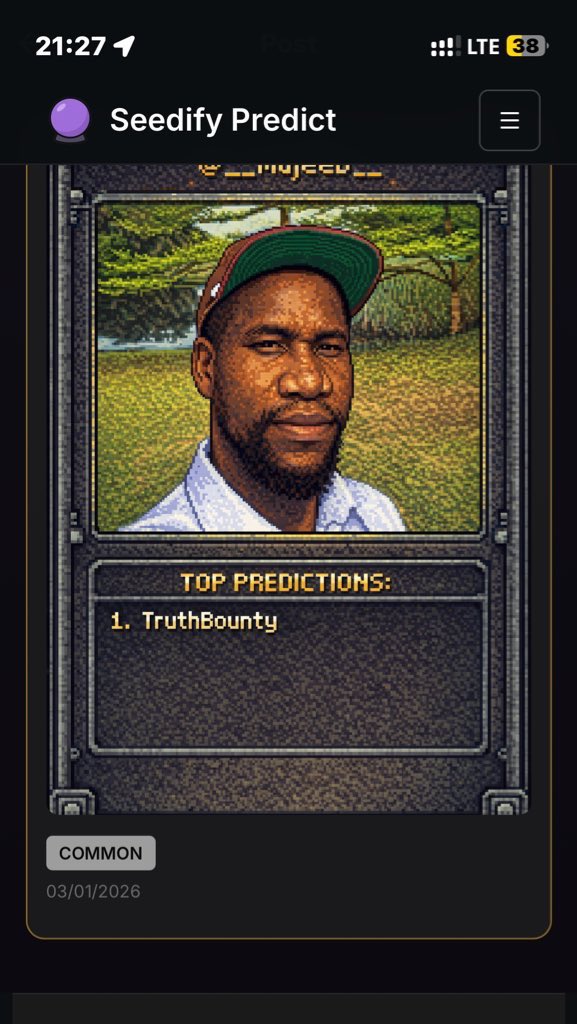 Late to noticing <a href="/SeedifyFund/">Seedify</a>’s prediction cards feature, but this is actually pretty solid.

If you’ve already voted for <a href="/TruthBounty/">Truth Bounty</a> in the hackathon, you can flex your card in the comments below.
(tap cardify in that voting site to see what it brings )

For those who haven’t