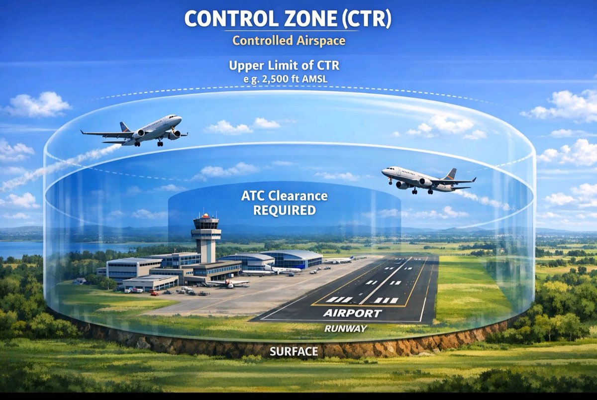 🌐 Control Zone (CTR) Explained

A Control Zone (CTR) is a designated area of controlled airspace surrounding an aerodrome, created to ensure safe aircraft operations during takeoff, landing, and the initial climb or descent.

✔️ Key Highlights:

🛫 Extends from ground level up