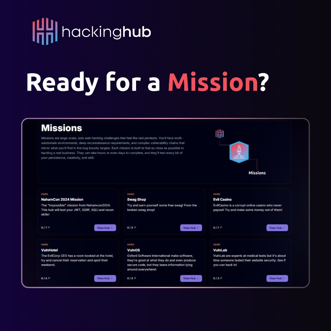 Think you can handle a real-world pentest? 🔍

Our Missions are large-scale hacking challenges built to mirror live targets.

It’s you vs. a real business environment.

Are you ready? 👇
app.hackinghub.io/hubs?type=miss…