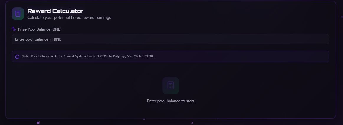 FlapAI_bsc's tweet photo. The reward calculator is now live. Enter your expected prize pool amount, and you can see the expected reward distribution for your tier,everything is fair and transparent.

奖励计算器现已上线。输入您预期的奖池金额，即可查看您所在层级的预期奖励分配情况，一切公平透明。

0x9abe936b79e03ed46463e82a1a2c44156ced7777