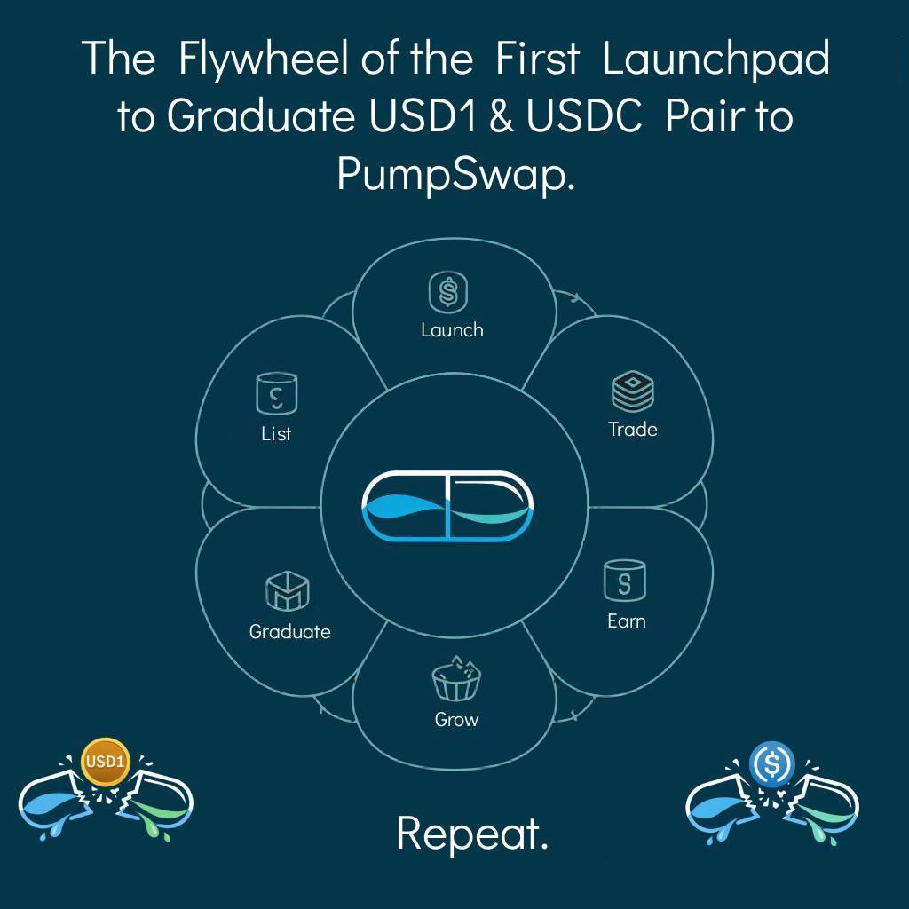 StablePad's tweet image. 🔄 The first USDC and USD1-paired 's Launchpad Flywheel

1️⃣ LAUNCH → Create token on USDC or USD1 curve
2️⃣ TRADE → 1% fee on all trades
3️⃣ EARN → 50% to creators, 50% treasury
4️⃣ GRADUATE → $10K raised = PumpSwap listing
5️⃣ LIST = Your token is now a real! Dexscreener list…