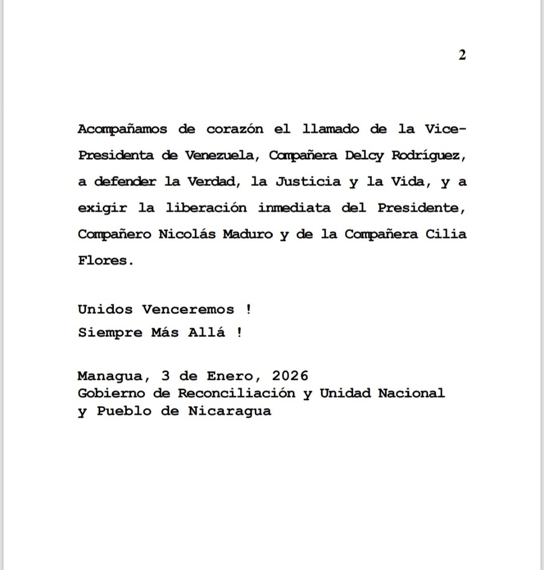 Como nicaragüense lo digo claro: defendemos la paz y la soberanía de los pueblos. Nicaragua alza su voz por Venezuela, por el respeto al Derecho Internacional y por la vida. La dignidad no se negocia.
#Venezuela #UnidosVenceremos 
<a href="/ActualidadRT/">RT en Español</a> <a href="/teleSURtv/">teleSUR TV</a>