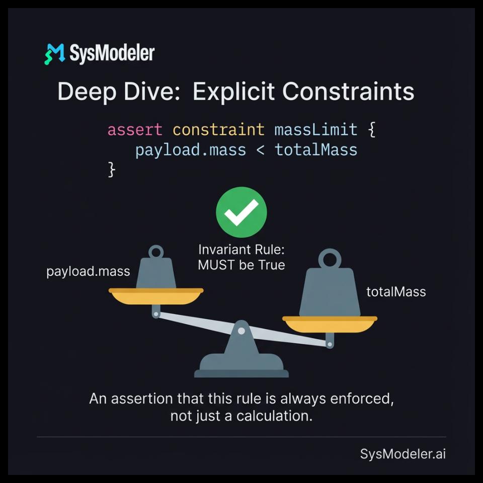 sysmodeler's tweet photo. SysML v2 Lesson 6: The Code (2/2) 📐

From Blueprint to Code:
1️⃣ The Code: SkyzerDrone is a Type, not just an object. 2️⃣ The Rules: assert constraint enforces invariant rules (like mass limits). 3️⃣ The Tree: Hierarchy is nesting, not lines.

Cheat Sheet attached! 🧠 #MBSE #SysML https://t.co/tSqNusKn1O
