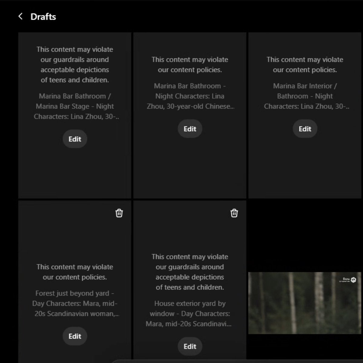 Sora drafts UI warnings