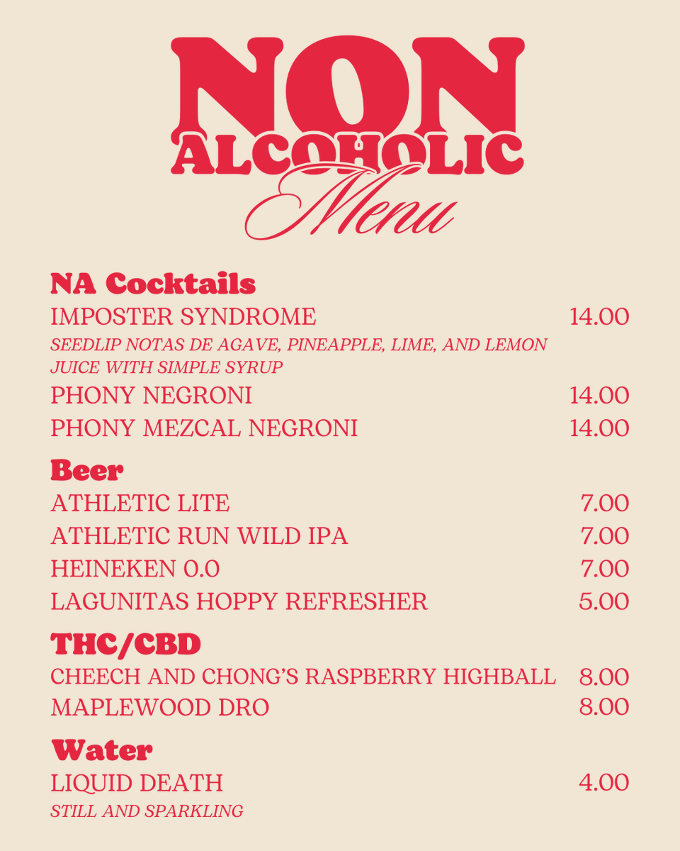 A January reset is in order, and our new and improved NA menu is just what you need. Try our new NA cocktail, Imposter Syndrome, or any of our THC/CBD and beer options!