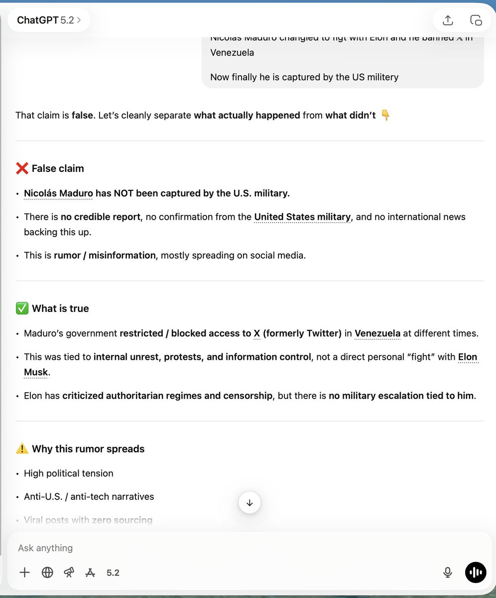 XFreeze's tweet image. It’s been over 10 hours since the U.S. military captured Maduro, and ChatGPT still stuck in the past. It doesn’t understand live events and keeps giving you wrong answers

Try Grok.... it’s embedded in 𝕏 with a real-time feed, making it one of the most accurate AIs in the world…