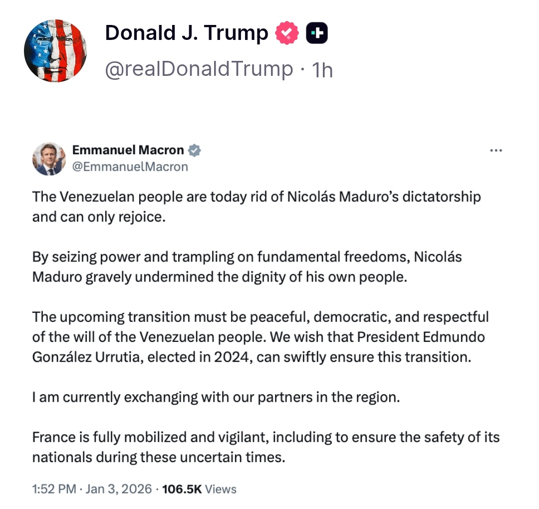 L_Wcrdt's tweet image. Donald Trump reposte les propos de Macron.

Quelle honte pour la France.