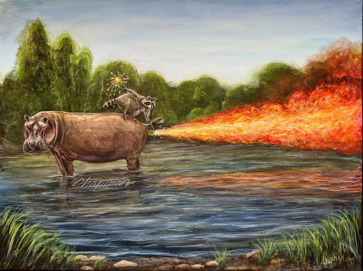 Travispaints's tweet image. I painted a raccoon lighting a hippo fart with acrylic